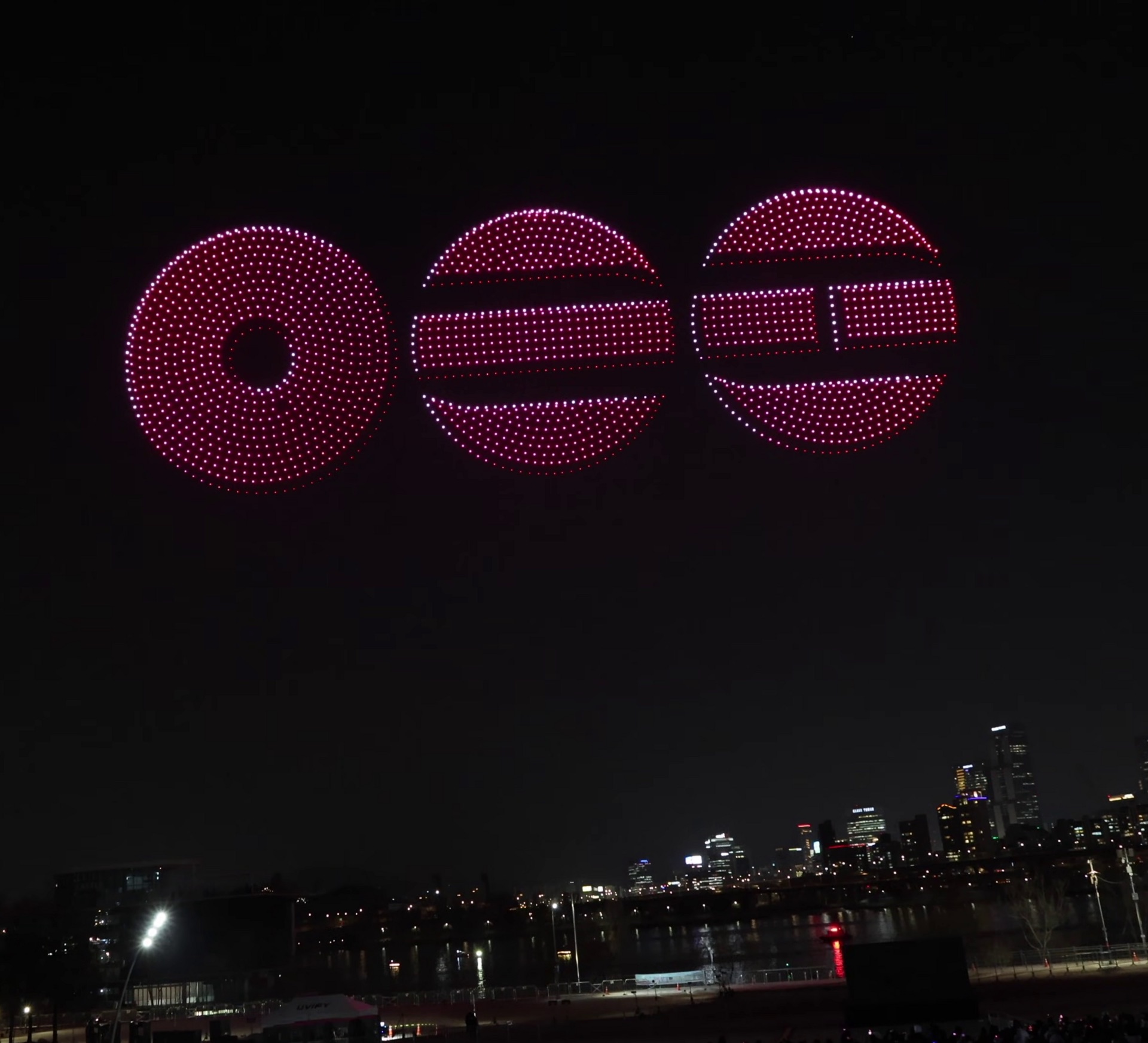 A drone light show over the Han River in Seoul marking the March 2026 release of BTS' album ARIRANG